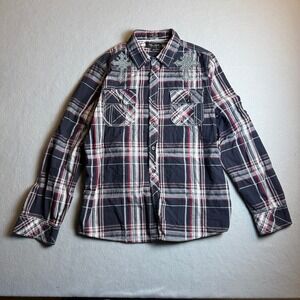 Eighty Eight Platinum Mens Medium Plaid Button Down Shirt Cross Embroidery Navy